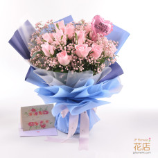 18枝玫瑰＋滿天星花束 + 印字氣球：客製化浪漫驚喜（100色玫瑰任選）