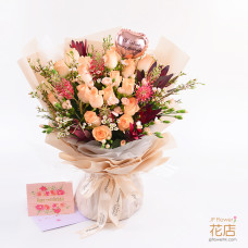 18枝奢華玫瑰混搭花束（康乃馨/臘梅/針墊花）+ 客製印字氣球 | Flower20 自選花設計