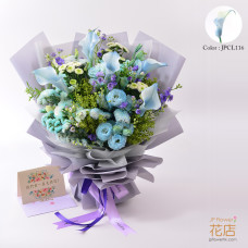 【Flower20花店】質感平價：博籃馬蹄蘭與桔梗花束 | 客製化氣球絲帶印字 (生日/表達愛意)